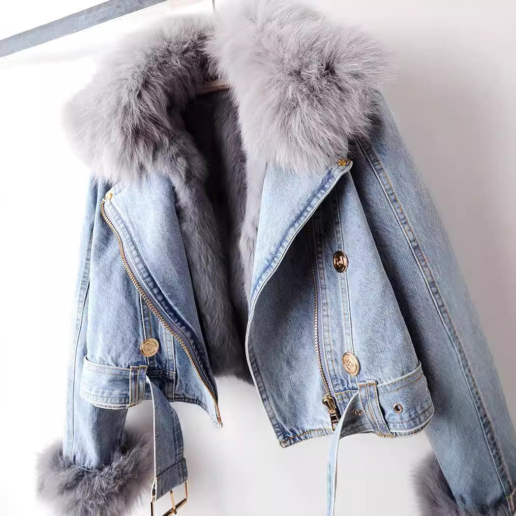 Siena Fox Fur Trim Lined Biker Jacket | Belted Hip-Length Jacket