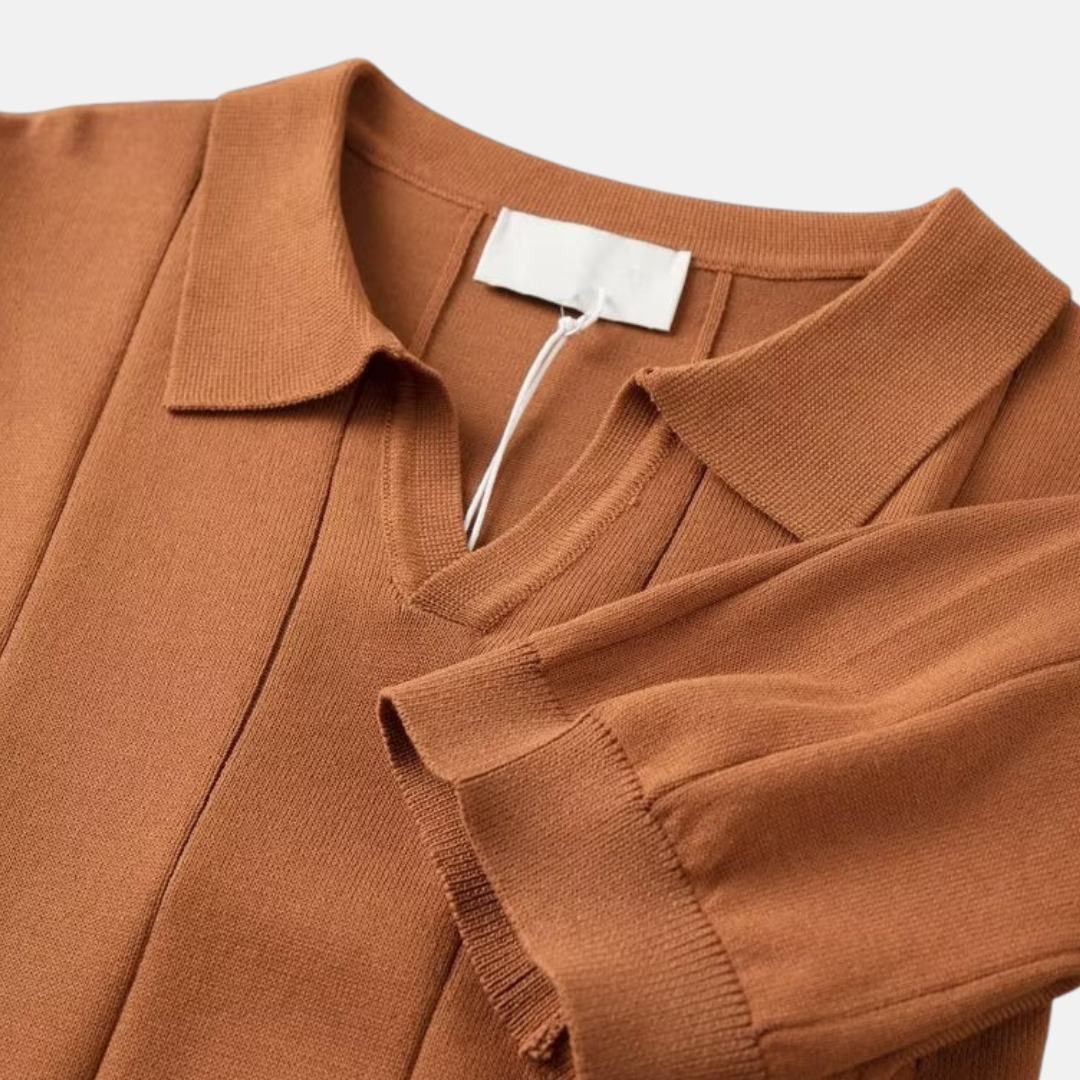 William Ribbed V-Neck Knit Polo | Collared Short Sleeve Polo