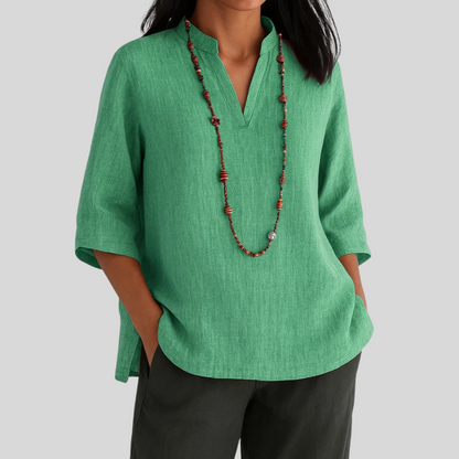 Relaxed Fit Blouse with Mandarin Collar and Curved Hem