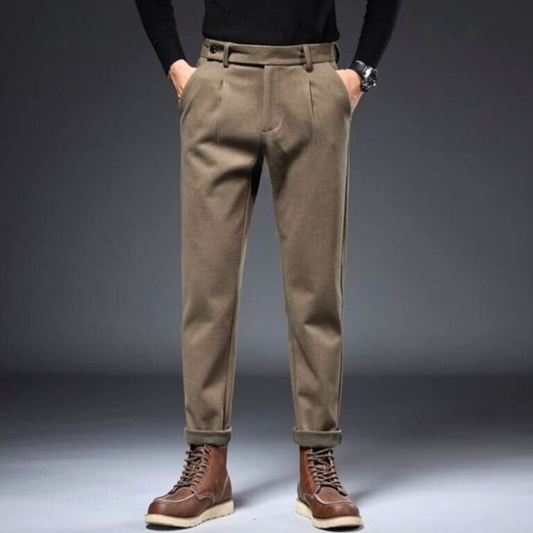Oliver Tapered Fit Pleated Trousers | Cuffed Tab Waist Trousers