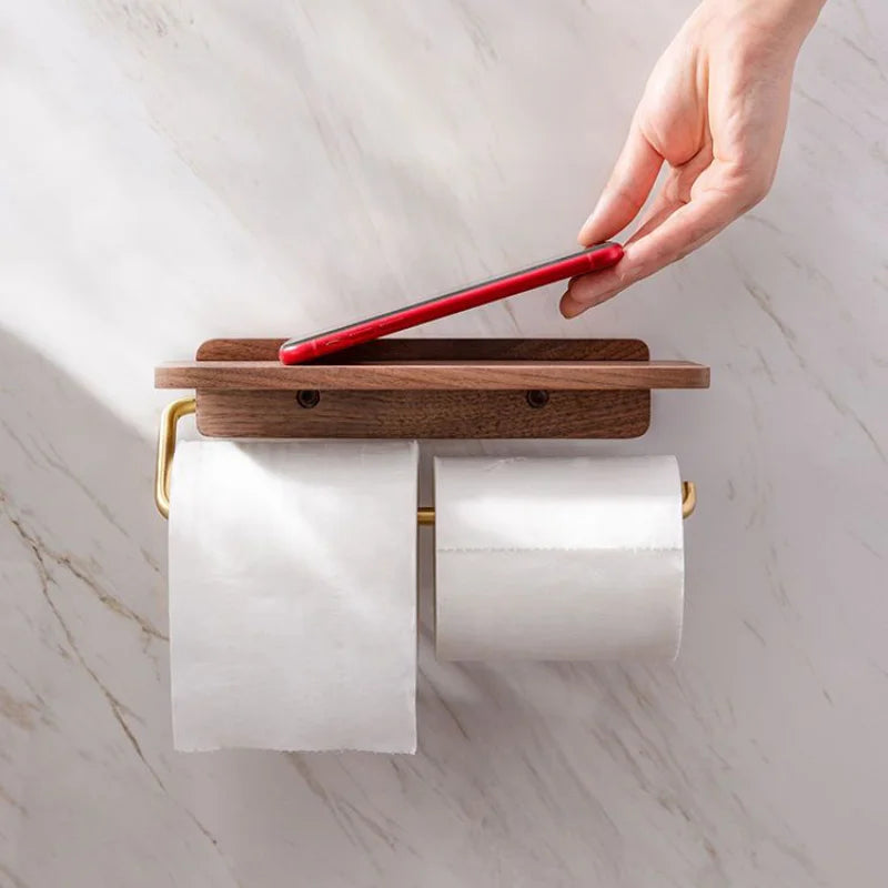 Modern Walnut and Brass Toilet Roll Holder With Integrated Shelf