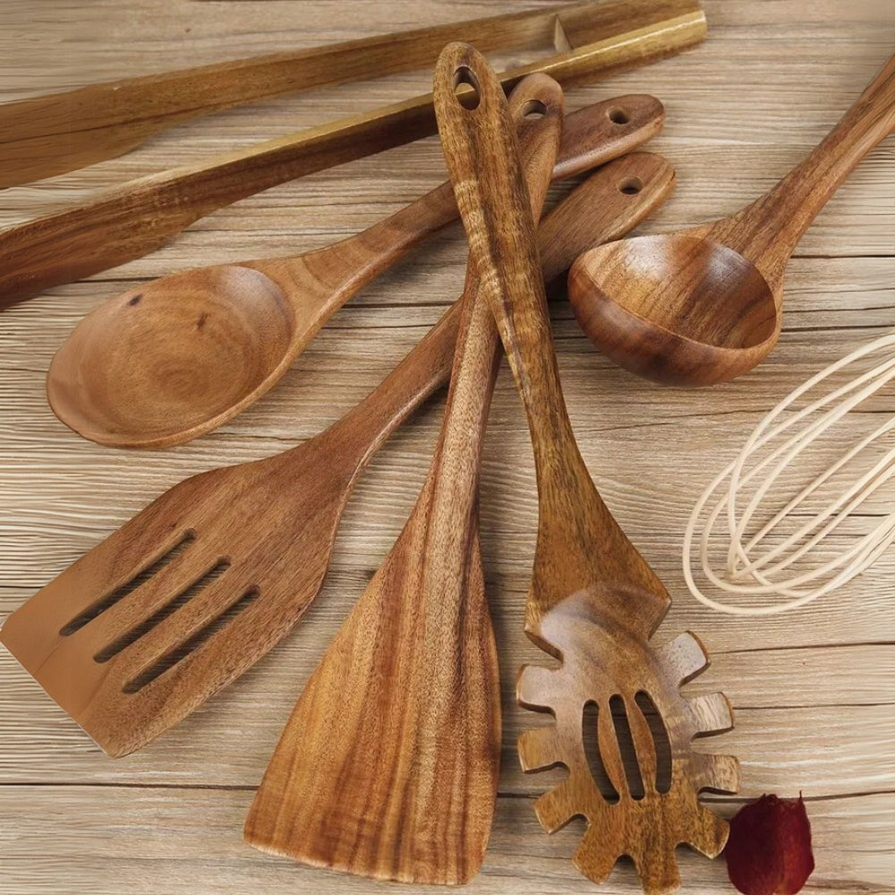 Minimalist Wooden Cooking Utensils Set with Ergonomic Handles