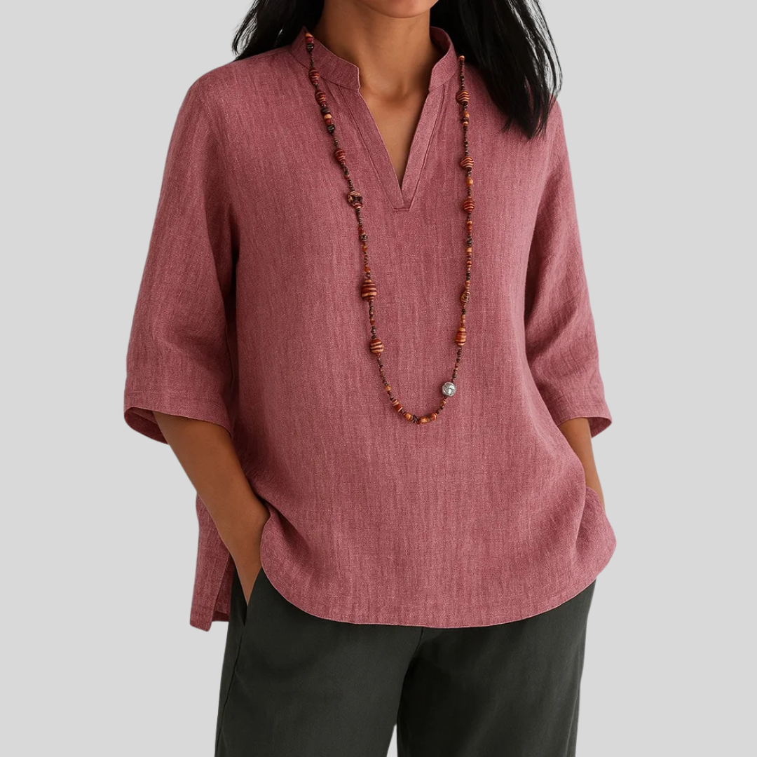 Relaxed Fit Blouse with Mandarin Collar and Curved Hem