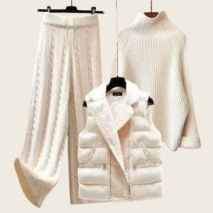 Amelia Wide-Leg Knit Trousers Three-Piece Set | Ribbed Cable Knit Casual Set