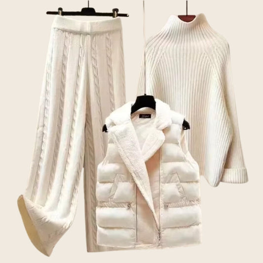 Amelia Wide-Leg Knit Trousers Three-Piece Set | Ribbed Cable Knit Casual Set