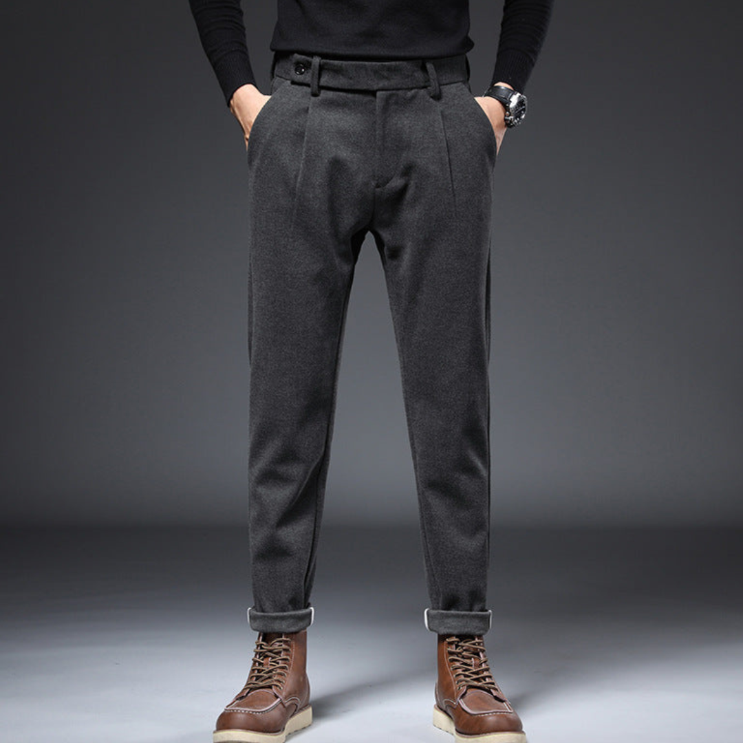Oliver Tapered Fit Pleated Trousers | Cuffed Tab Waist Trousers