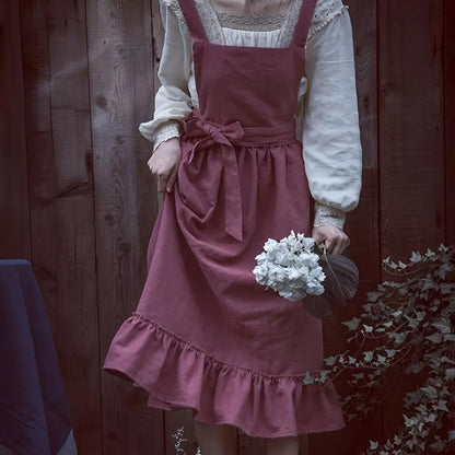Rustic Ruffled Linen Apron With Adjustable Waist Tie