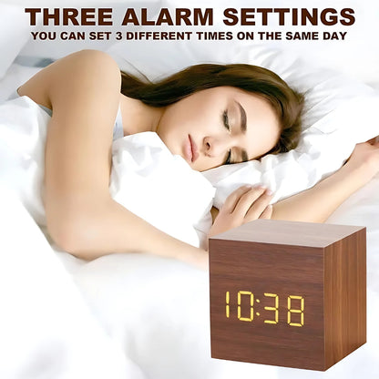 Wood Grain LED Alarm Clock With Temperature Display