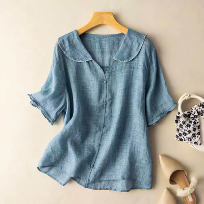 Relaxed Button-Up Blouse with Peter Pan Collar and Ruffle Cuffs