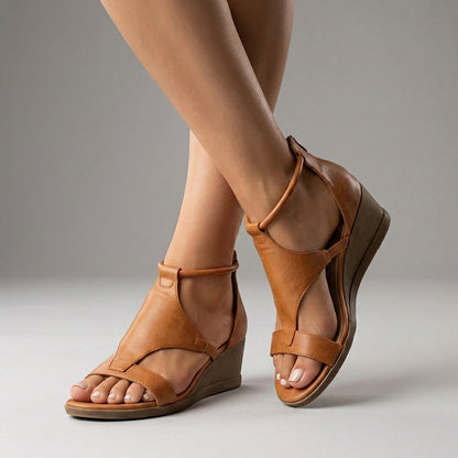 Refined Vegan T-Strap Wedge Sandals with Cushioned Insoles
