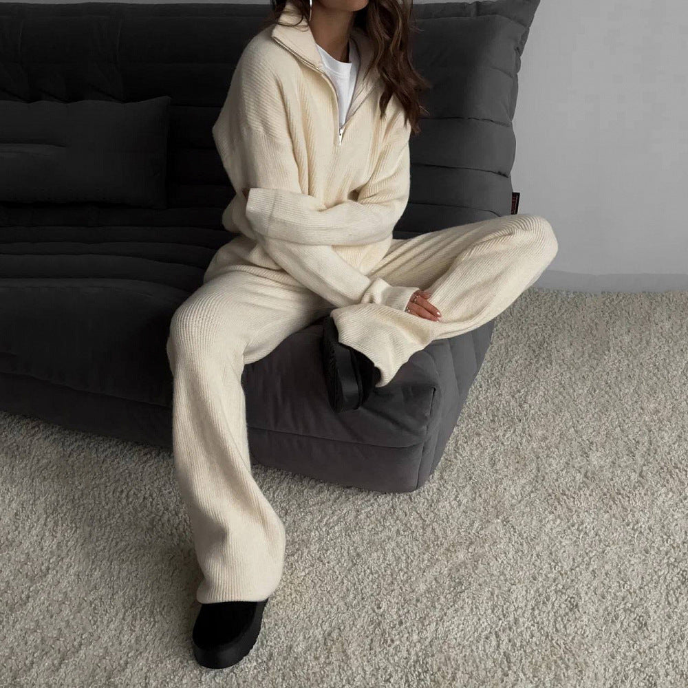 Alessandra Relaxed Fit Half-Zip Sweater Two-Piece Set | Collared Ribbed Knit Pants
