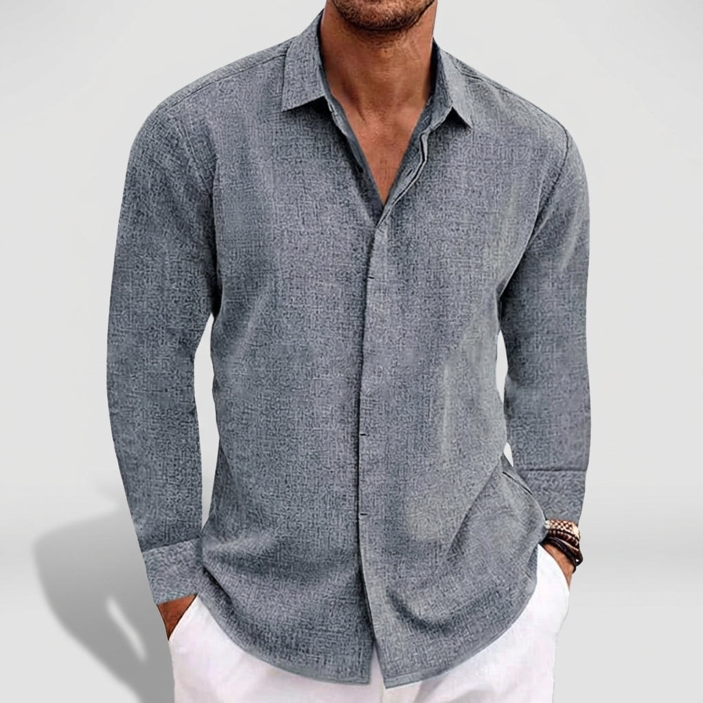 Relaxed Textured Shirt with Pointed Collar and Curved Hem