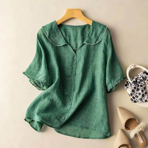 Relaxed Button-Up Blouse with Peter Pan Collar and Ruffle Cuffs