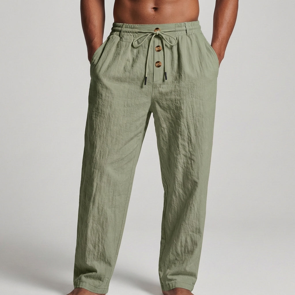 Wide-Leg Drawstring Trousers with Textured Fabric and Button Detail