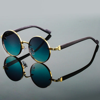 Vintage-Inspired Round Sunglasses with Mixed-Material Textured Temples