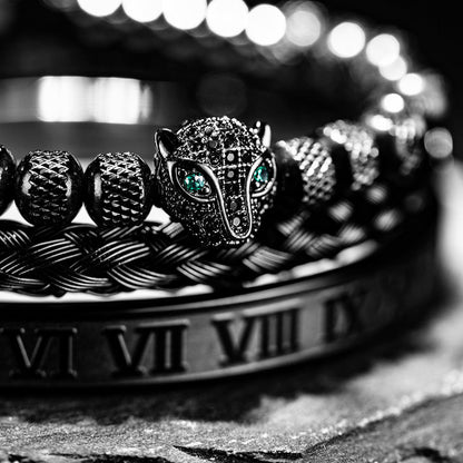 Oscar Panther Head Jeweled Cuff Bracelet Set | Textured Braided Beaded Bracelet