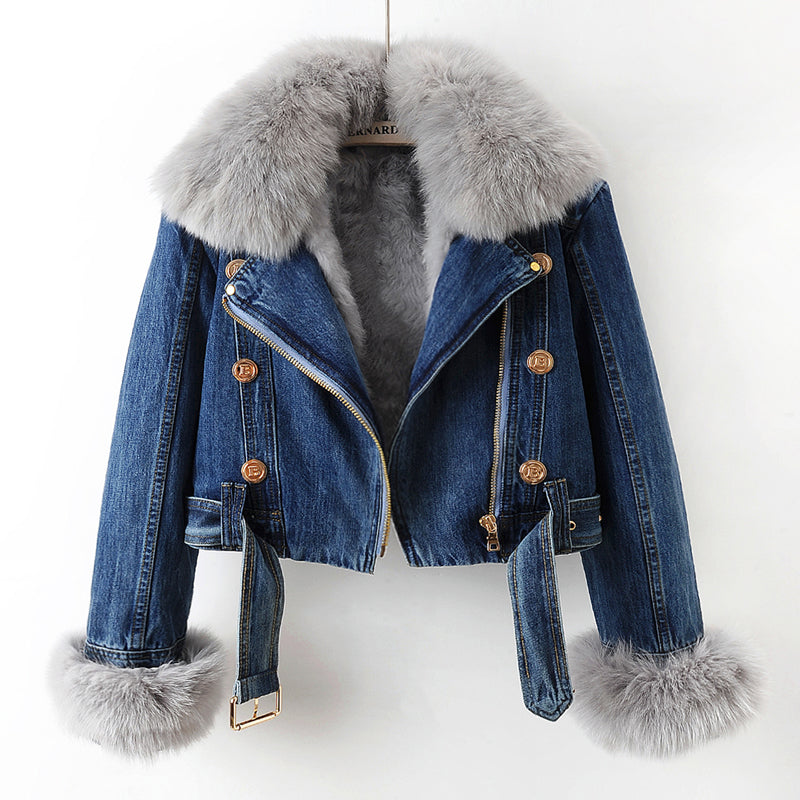 Siena Fox Fur Trim Lined Biker Jacket | Belted Hip-Length Jacket