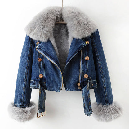 Siena Fox Fur Trim Lined Biker Jacket | Belted Hip-Length Jacket