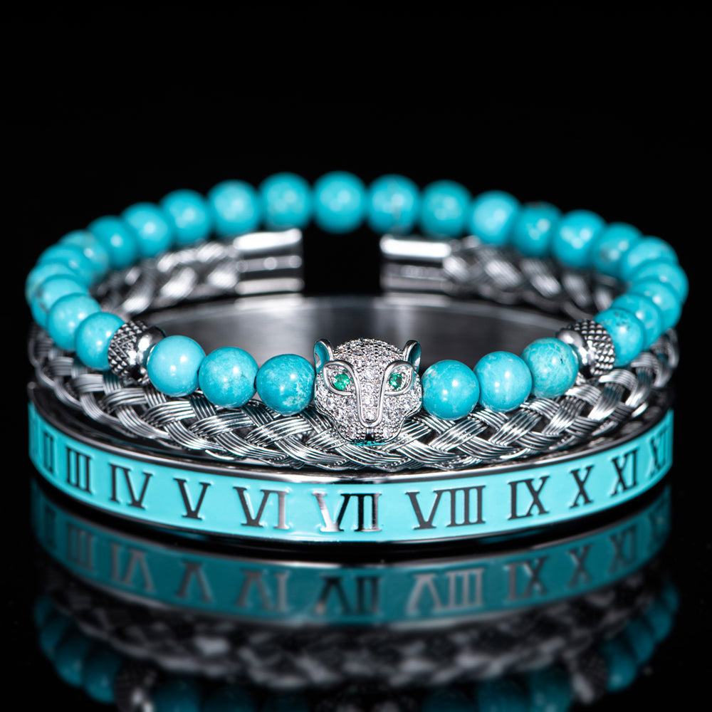 Oscar Panther Head Jeweled Cuff Bracelet Set | Textured Braided Beaded Bracelet