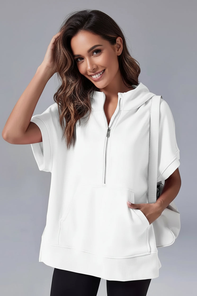 ZIPRELAXA – Casual Short Sleeve Hoodie with Half Zip and Pockets VIP