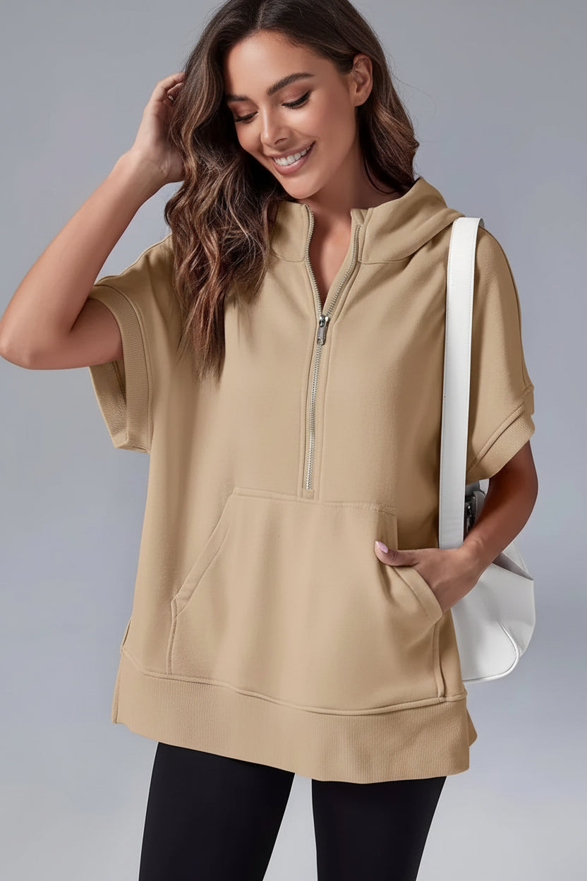 ZIPRELAXA – Casual Short Sleeve Hoodie with Half Zip and Pockets VIP
