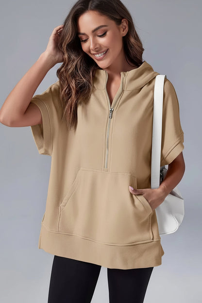 ZIPRELAXA – Casual Short Sleeve Hoodie with Half Zip and Pockets VIP