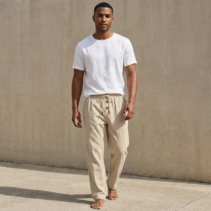 Wide-Leg Drawstring Trousers with Textured Fabric and Button Detail