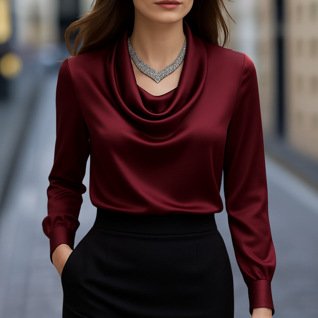 Tailored Draped Cowl Neck Blouse with Buttoned Cuffs