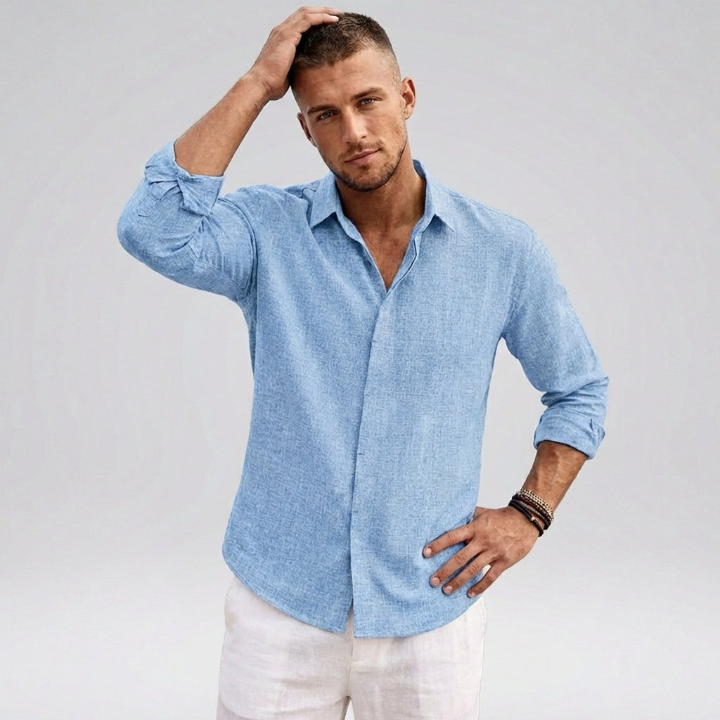 Relaxed Textured Shirt with Pointed Collar and Curved Hem
