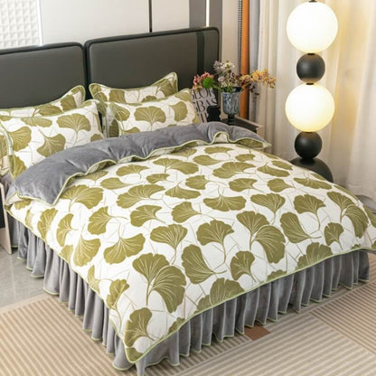 Velvet Bed Sheet Set With Leaf Pattern and Pillow Shams
