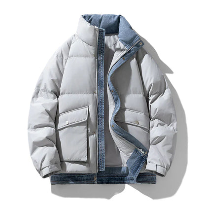 Noah Oversized Puffer Jacket | Quilted Denim Trim Hip-Length Puffer Jacket