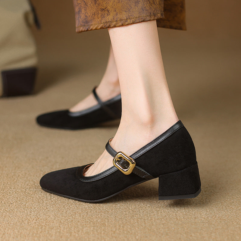 Square Toe Mary Jane Pumps – Buckle Strap – Low Block Heel