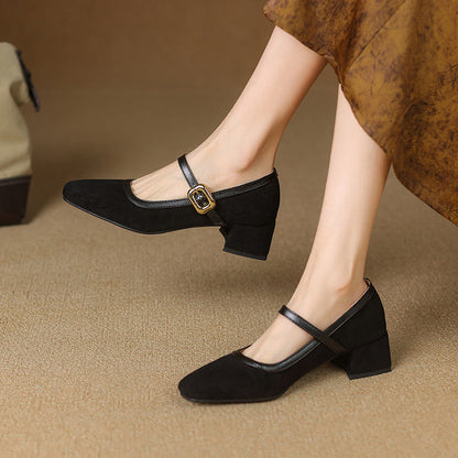 Square Toe Mary Jane Pumps – Buckle Strap – Low Block Heel