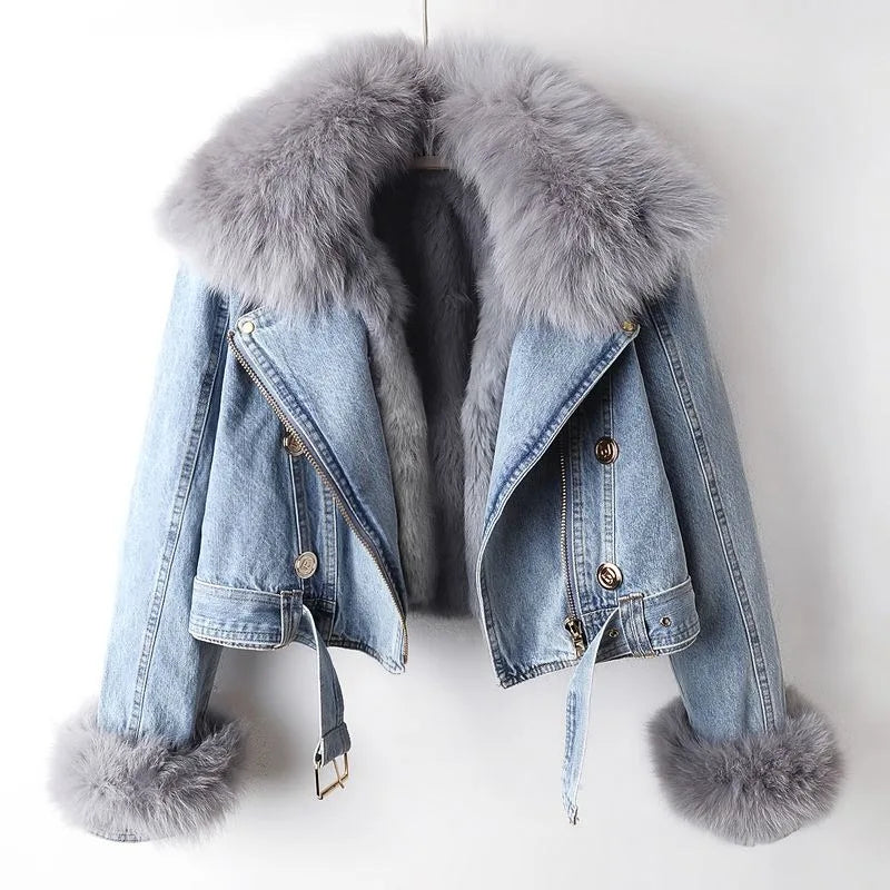 Siena Fox Fur Trim Lined Biker Jacket | Belted Hip-Length Jacket