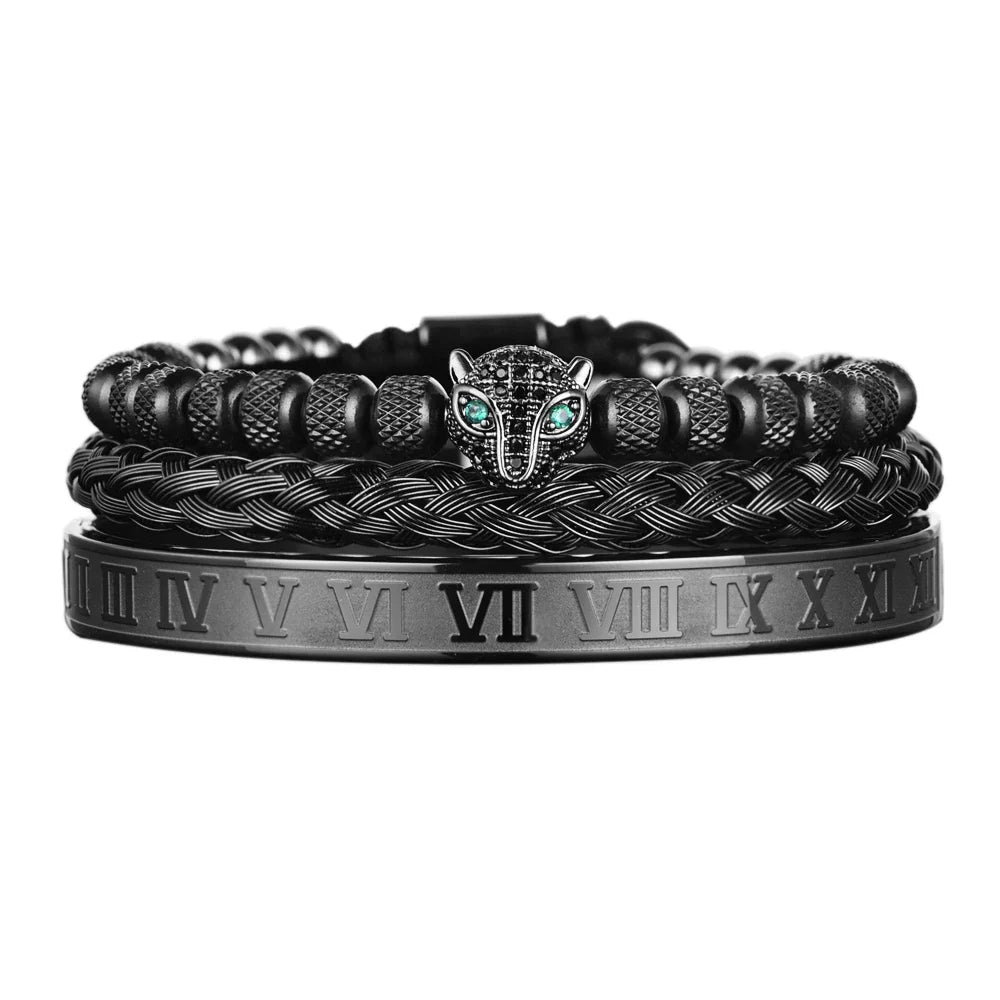Oscar Panther Head Jeweled Cuff Bracelet Set | Textured Braided Beaded Bracelet