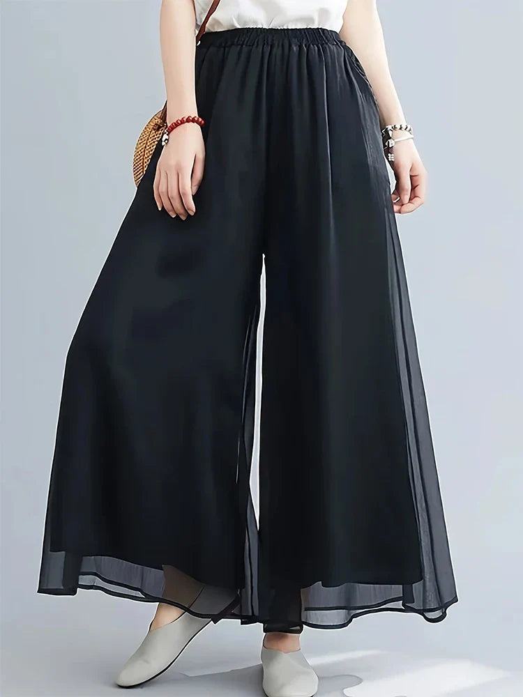 Sheer Mesh-Chiffon Pants
