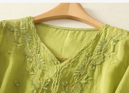 Relaxed Embroidered V-Neck Blouse with Artisan Detailing