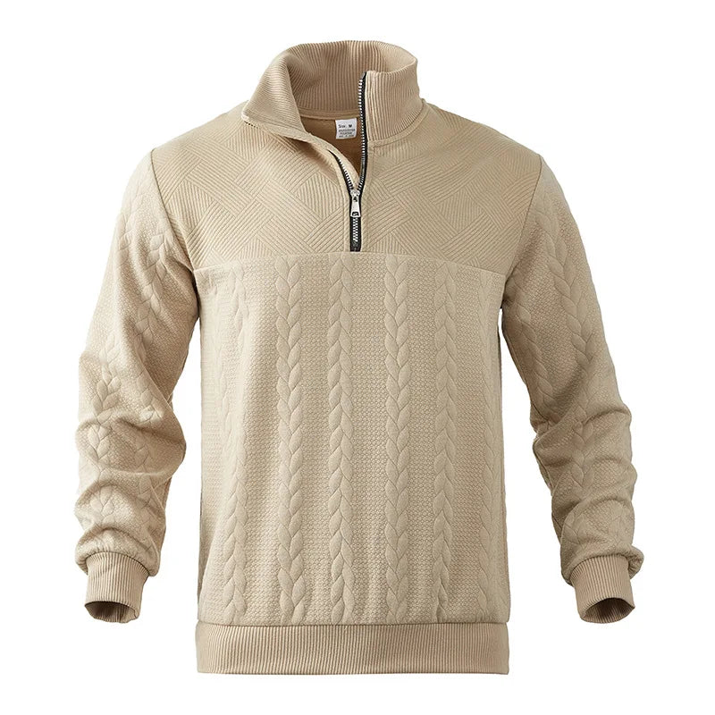 Arthur Cable Knit High-Neck Half-Zip Sweater | Textured Hip-Length Sweater