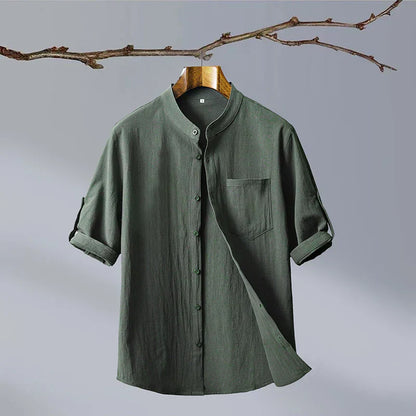 Relaxed Mandarin Collar Shirt with Curved Hem Detail