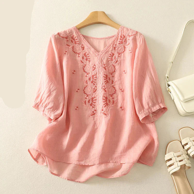 Relaxed Embroidered V-Neck Blouse with Artisan Detailing