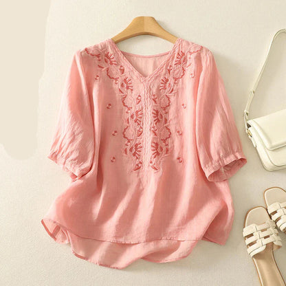 Relaxed Embroidered V-Neck Blouse with Artisan Detailing