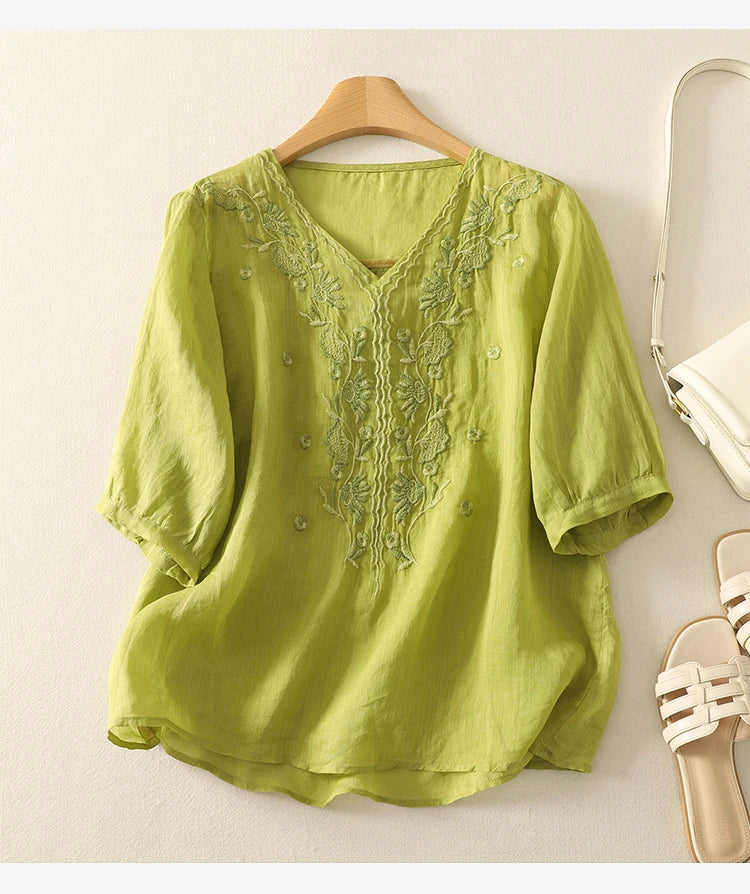 Relaxed Embroidered V-Neck Blouse with Artisan Detailing