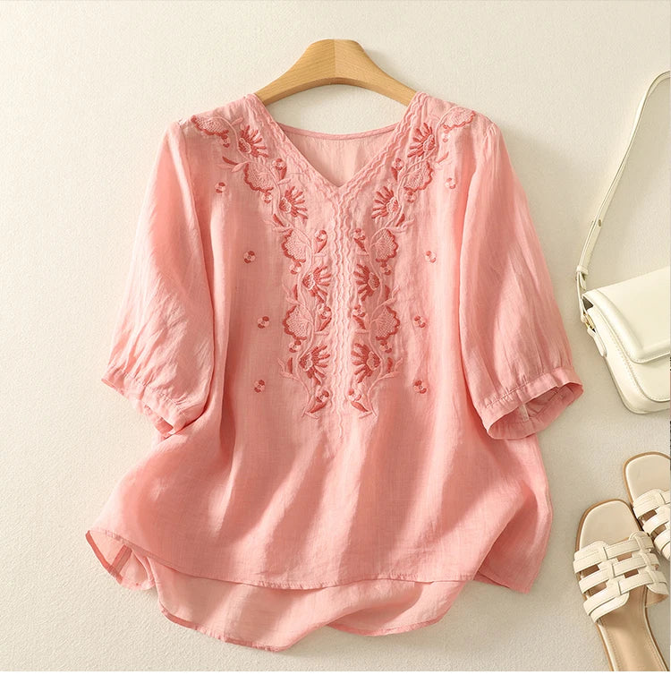 Relaxed Embroidered V-Neck Blouse with Artisan Detailing