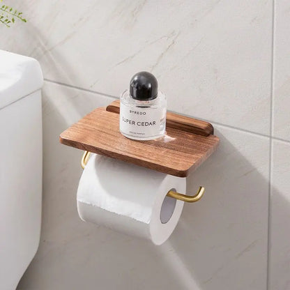 Modern Walnut and Brass Toilet Roll Holder With Integrated Shelf
