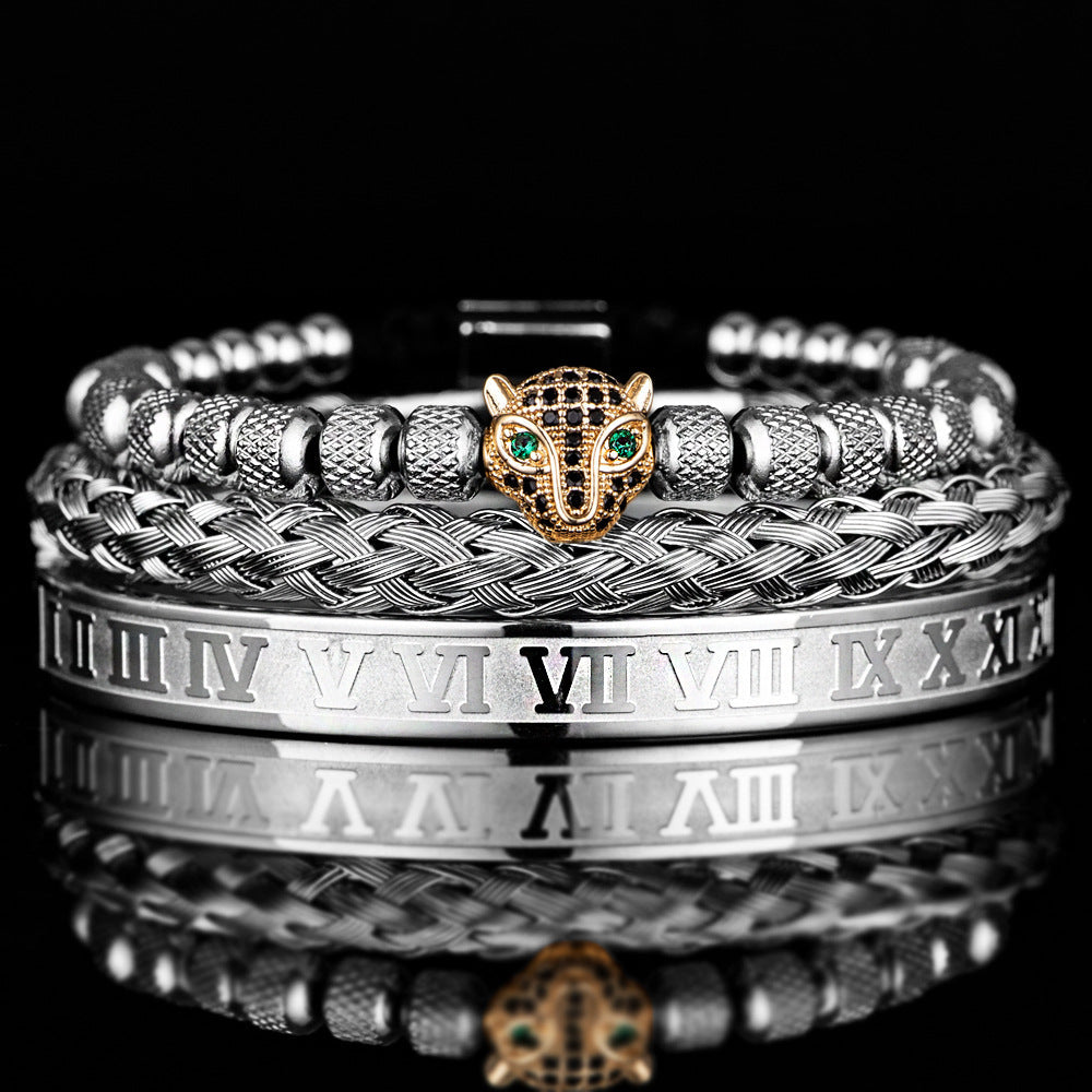 Oscar Panther Head Jeweled Cuff Bracelet Set | Textured Braided Beaded Bracelet