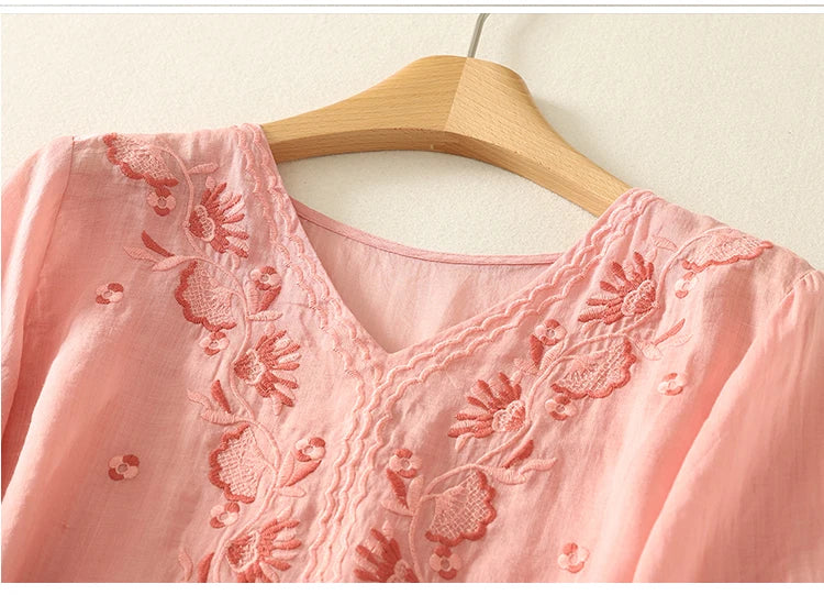 Relaxed Embroidered V-Neck Blouse with Artisan Detailing