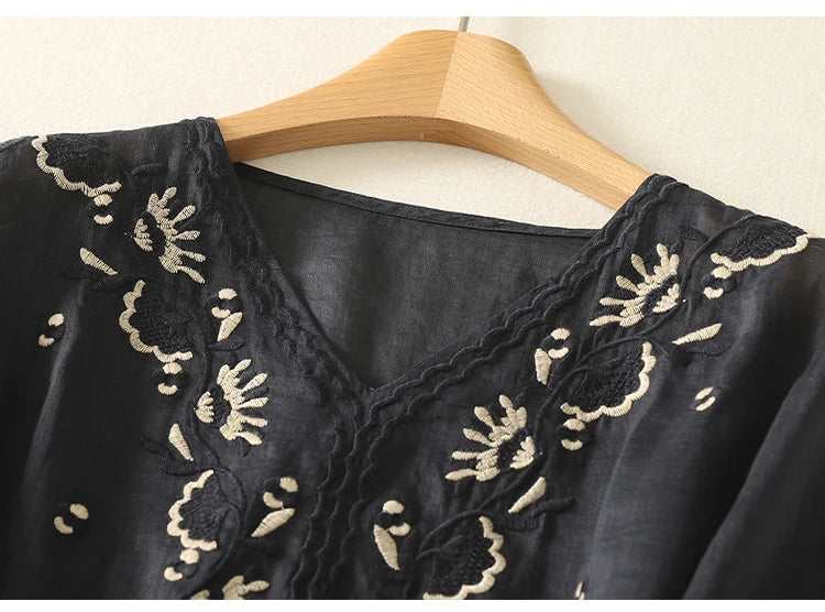 Relaxed Embroidered V-Neck Blouse with Artisan Detailing