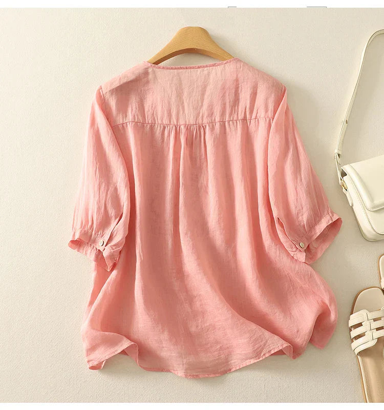 Relaxed Embroidered V-Neck Blouse with Artisan Detailing
