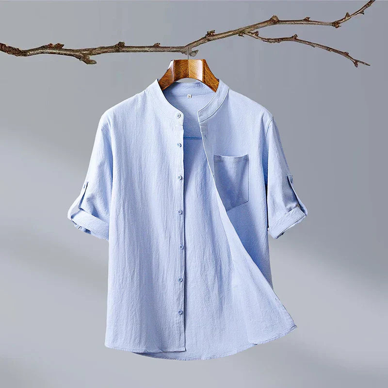Relaxed Mandarin Collar Shirt with Curved Hem Detail