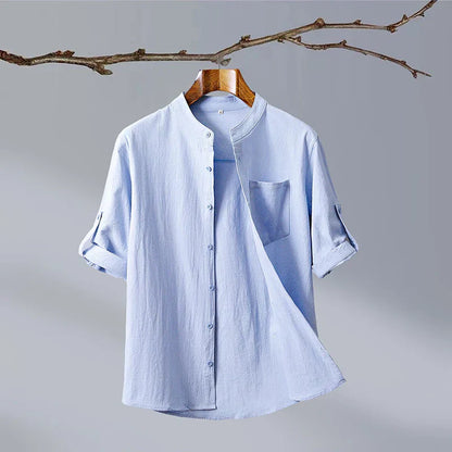 Relaxed Mandarin Collar Shirt with Curved Hem Detail